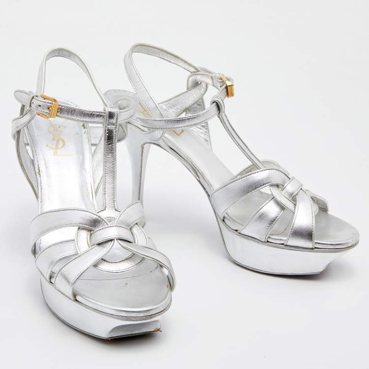 Pre Owned Saint Laurent Silver Leather Tribute Platform Sandals Size 38