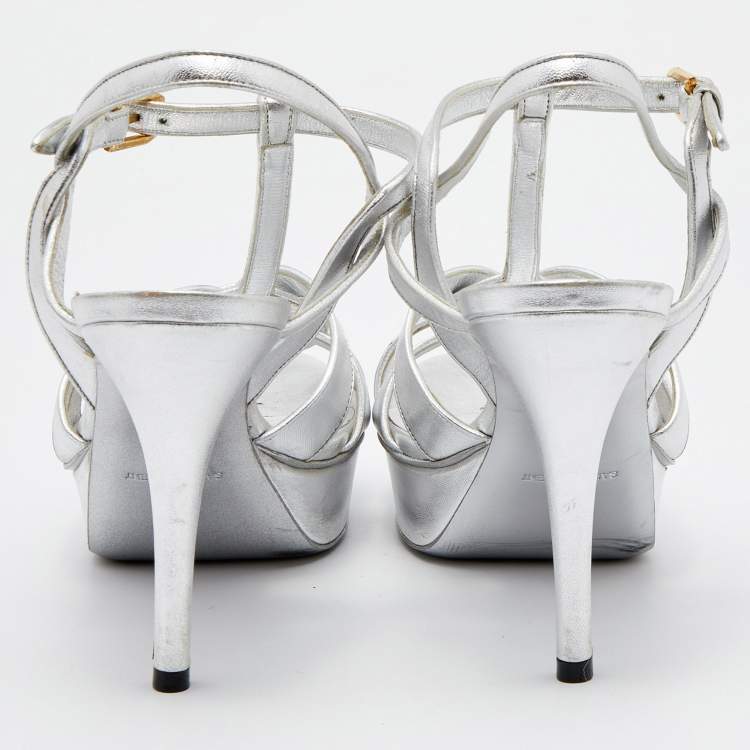 Pre Owned Saint Laurent Silver Leather Tribute Platform Sandals Size 38