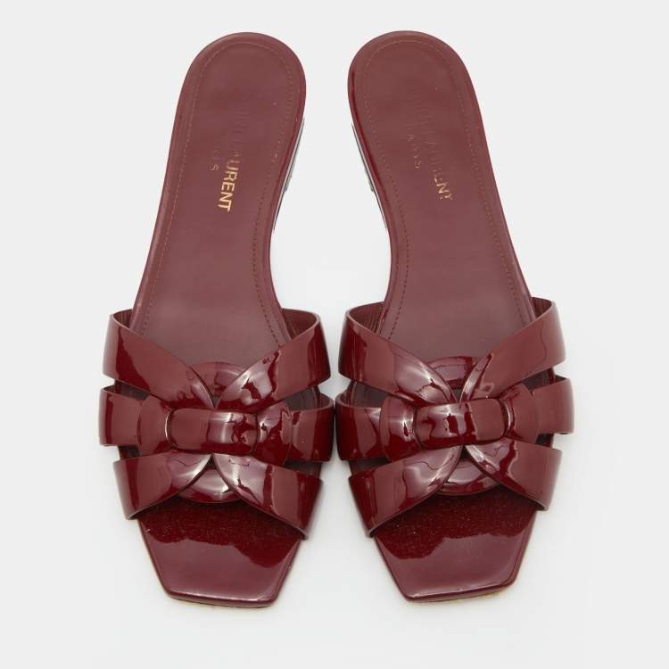 Pre Owned Saint Laurent Burgundy Patent Leather Tribute Flat Slides Size 37.5