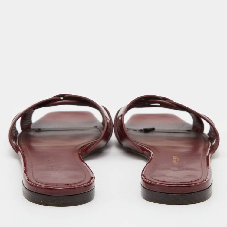 Pre Owned Saint Laurent Burgundy Patent Leather Tribute Flat Slides Size 37.5