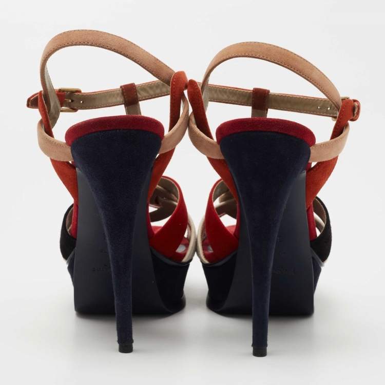 مملوكة مسبقًا Saint Laurent Multicolor Suede Tribute Sandals Size 39.5