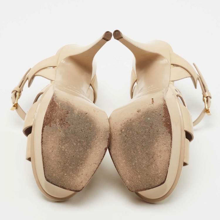Pre Owned Saint Laurent Beige Patent Leather Tribute Sandals Size 37 