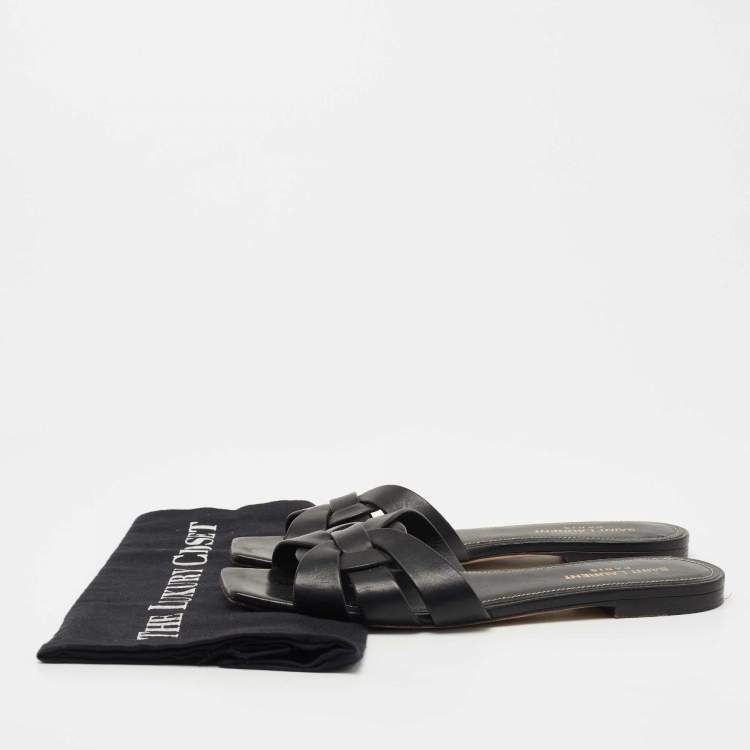 مملوكة مسبقًا Saint Laurent Black Leather Tribute Flat Slides Size 38