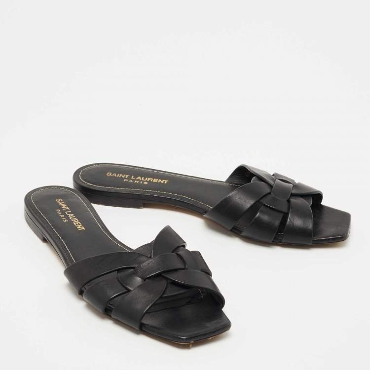 مملوكة مسبقًا Saint Laurent Black Leather Tribute Flat Slides Size 38