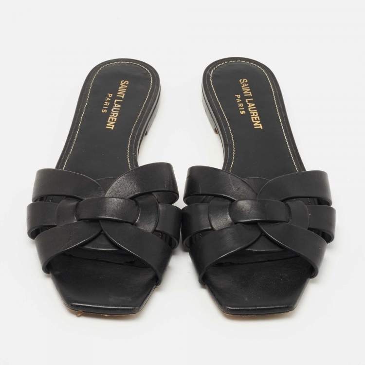 مملوكة مسبقًا Saint Laurent Black Leather Tribute Flat Slides Size 38