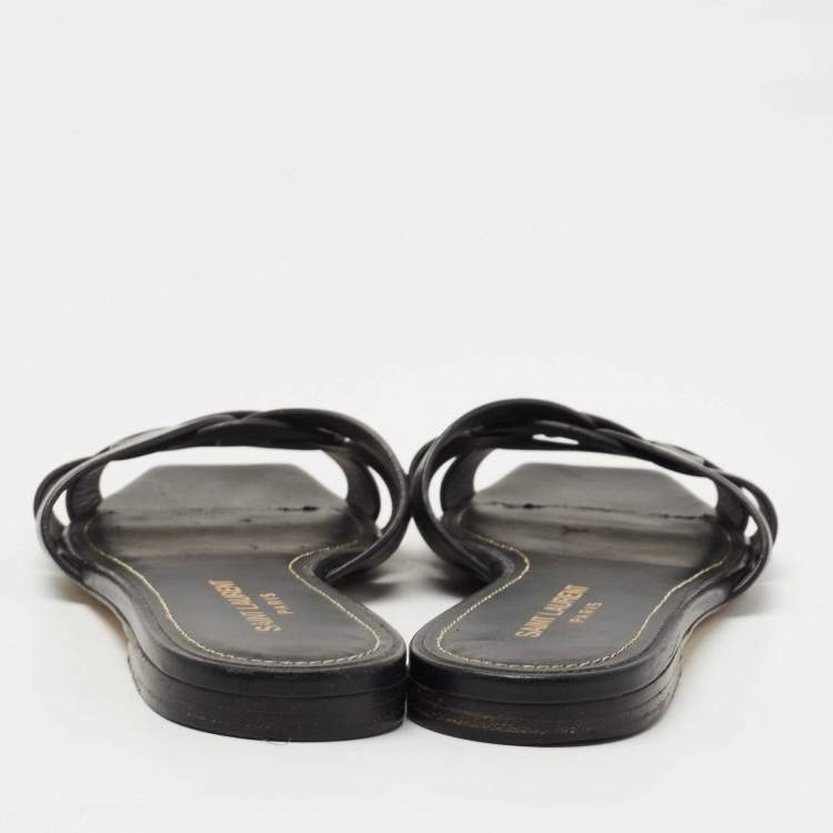 مملوكة مسبقًا Saint Laurent Black Leather Tribute Flat Slides Size 38