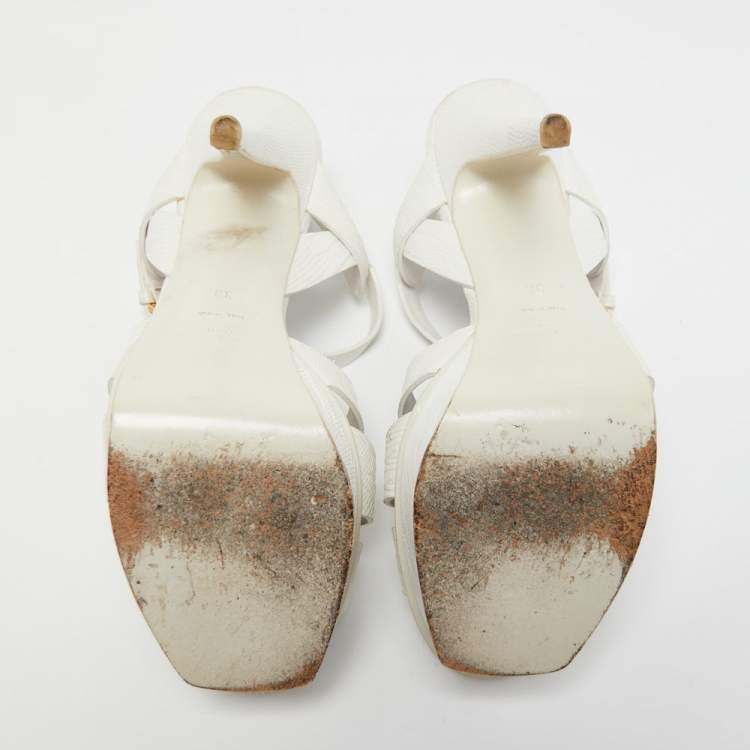 Pre Owned Saint Laurent White Lizard Embossed Leather Tribute Sandals Size 38