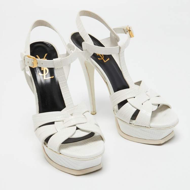 Pre Owned Saint Laurent White Lizard Embossed Leather Tribute Sandals Size 38