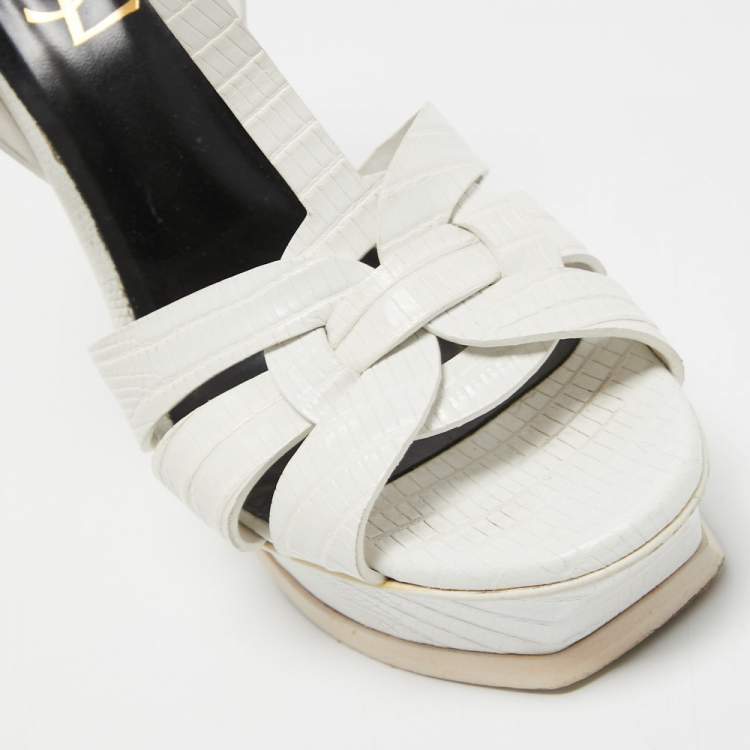 Pre Owned Saint Laurent White Lizard Embossed Leather Tribute Sandals Size 38