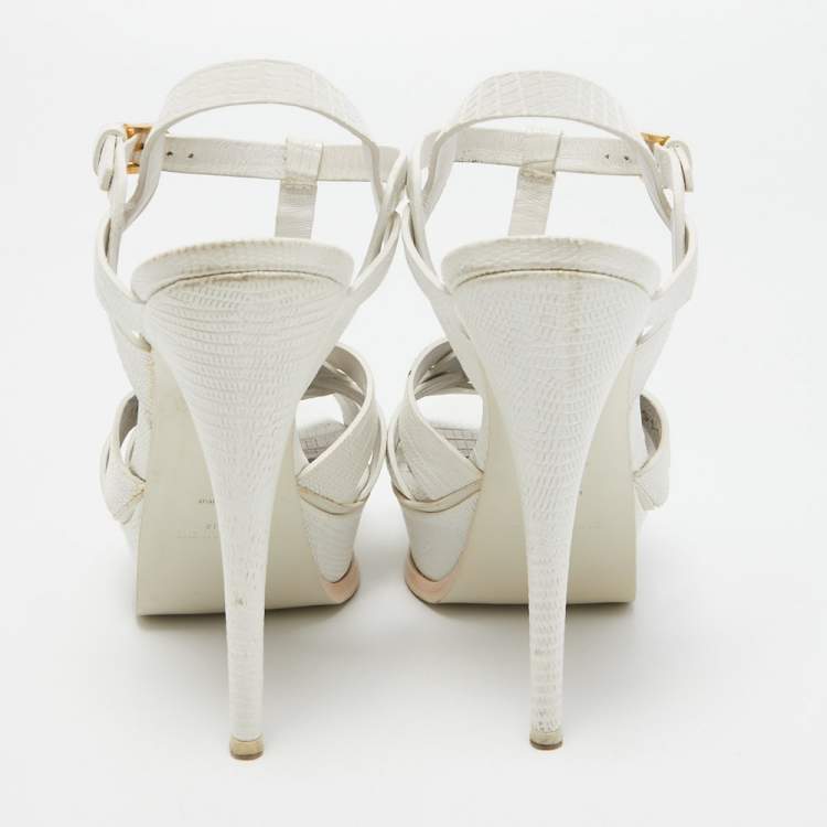 Pre Owned Saint Laurent White Lizard Embossed Leather Tribute Sandals Size 38