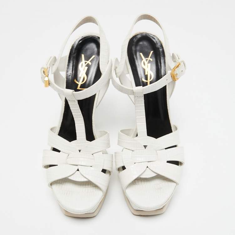 Pre Owned Saint Laurent White Lizard Embossed Leather Tribute Sandals Size 38
