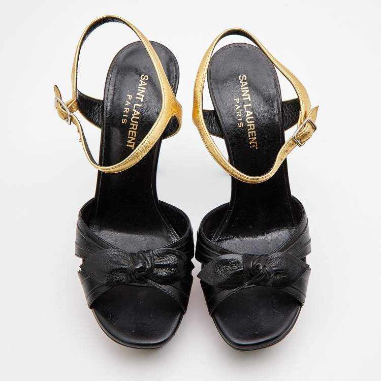 مملوكة مسبقًا Saint Laurent Black/Gold Leather Platform Ankle Strap Sandals Size 36.5