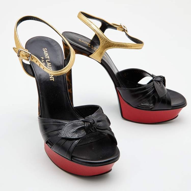 مملوكة مسبقًا Saint Laurent Black/Gold Leather Platform Ankle Strap Sandals Size 36.5