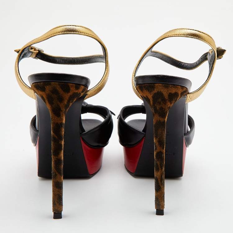 مملوكة مسبقًا Saint Laurent Black/Gold Leather Platform Ankle Strap Sandals Size 36.5