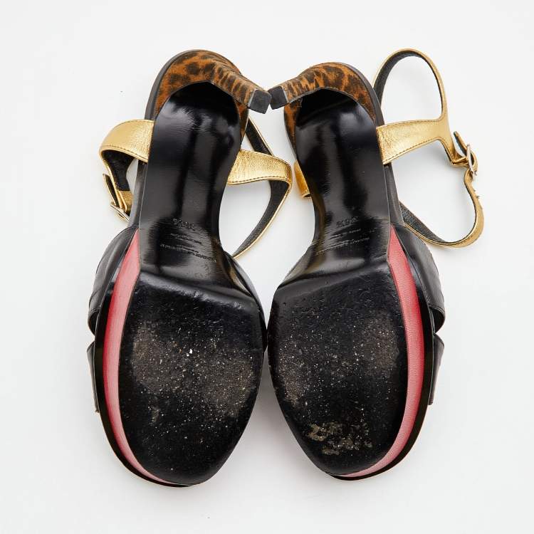 مملوكة مسبقًا Saint Laurent Black/Gold Leather Platform Ankle Strap Sandals Size 36.5