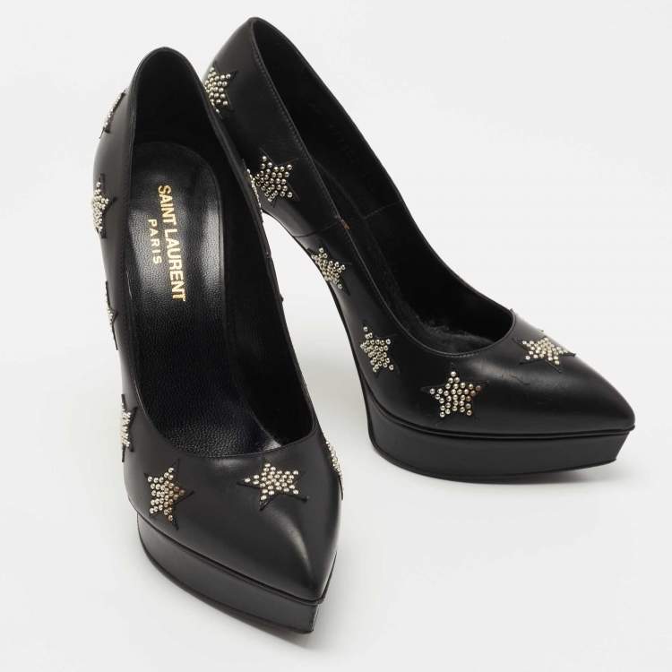 Pre Owned Saint Laurent Black Leather Studded Star Platform Pumps Size 37.5