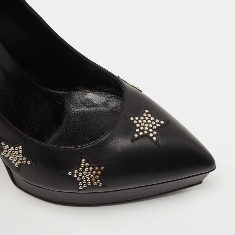 Pre Owned Saint Laurent Black Leather Studded Star Platform Pumps Size 37.5