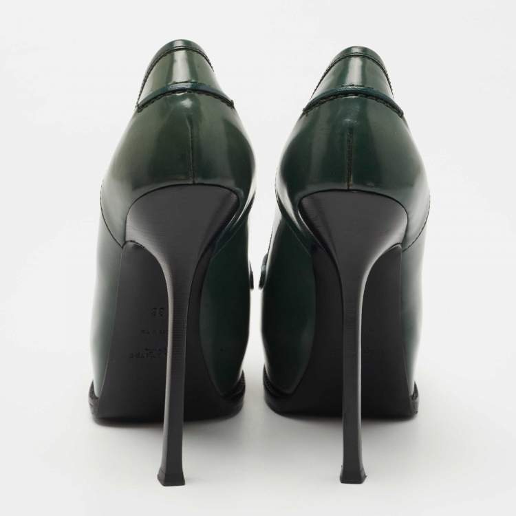 Pre Owned Saint Laurent Dark Green Leather Tribtoo Penny Loafer Pumps Size 38