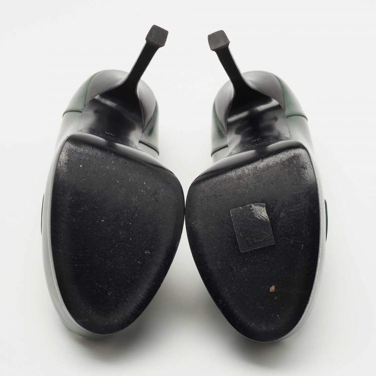Pre Owned Saint Laurent Dark Green Leather Tribtoo Penny Loafer Pumps Size 38