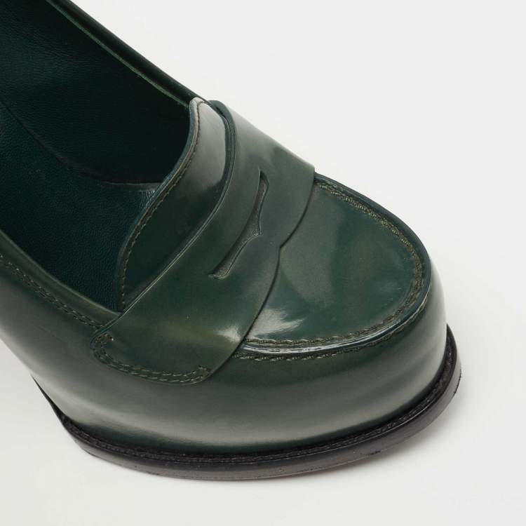 Pre Owned Saint Laurent Dark Green Leather Tribtoo Penny Loafer Pumps Size 38