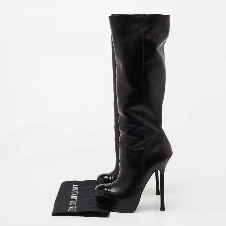 Pre Owned Saint Laurent Black Leather  Tribute Knee Length Boots Size 36