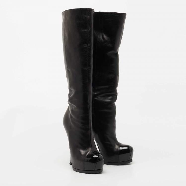 Pre Owned Saint Laurent Black Leather  Tribute Knee Length Boots Size 36
