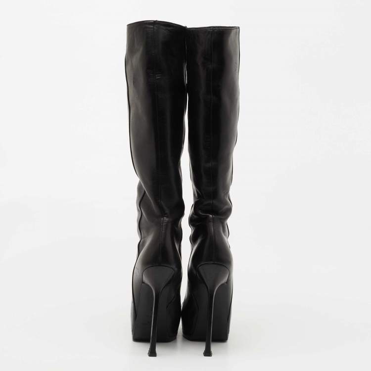 Pre Owned Saint Laurent Black Leather  Tribute Knee Length Boots Size 36