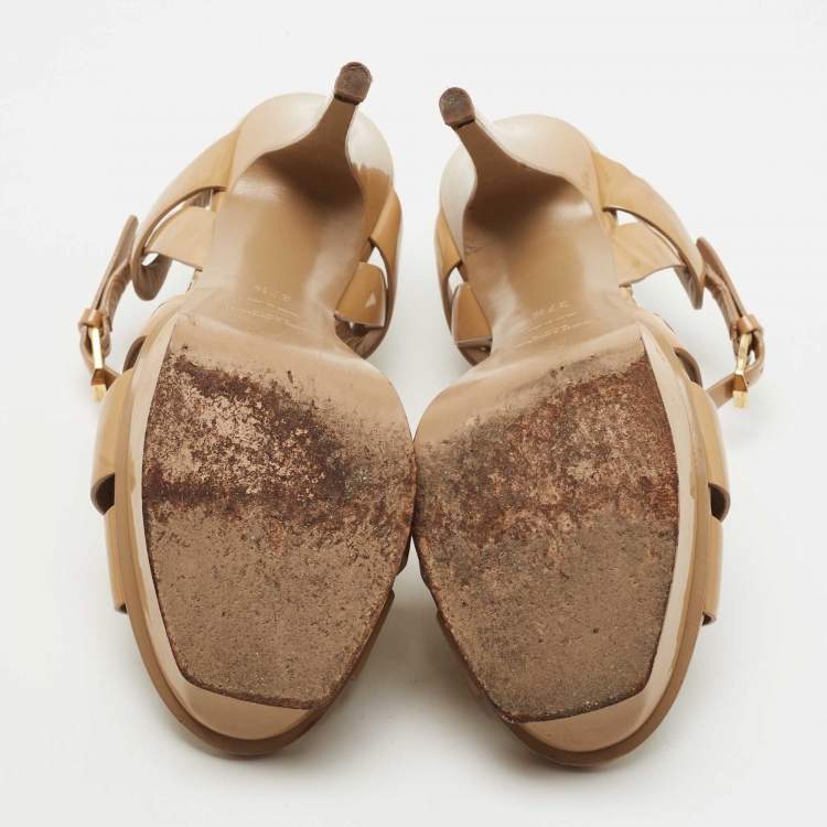 Pre Owned Saint Laurent Beige Patent Leather Tribute Sandals Size 37.5
