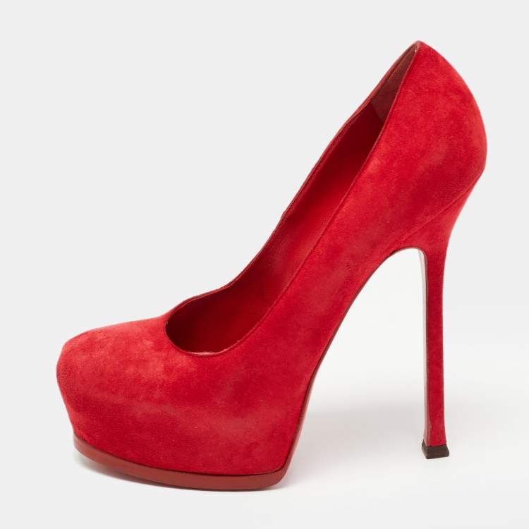 Pre Owned Saint Laurent Red Suede Tribtoo Pumps Size 38.5