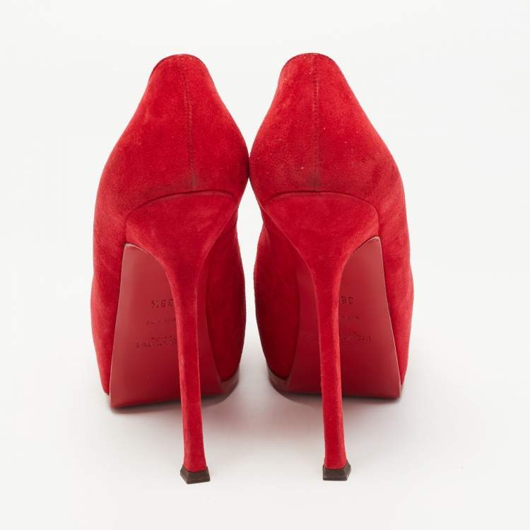 Pre Owned Saint Laurent Red Suede Tribtoo Pumps Size 38.5