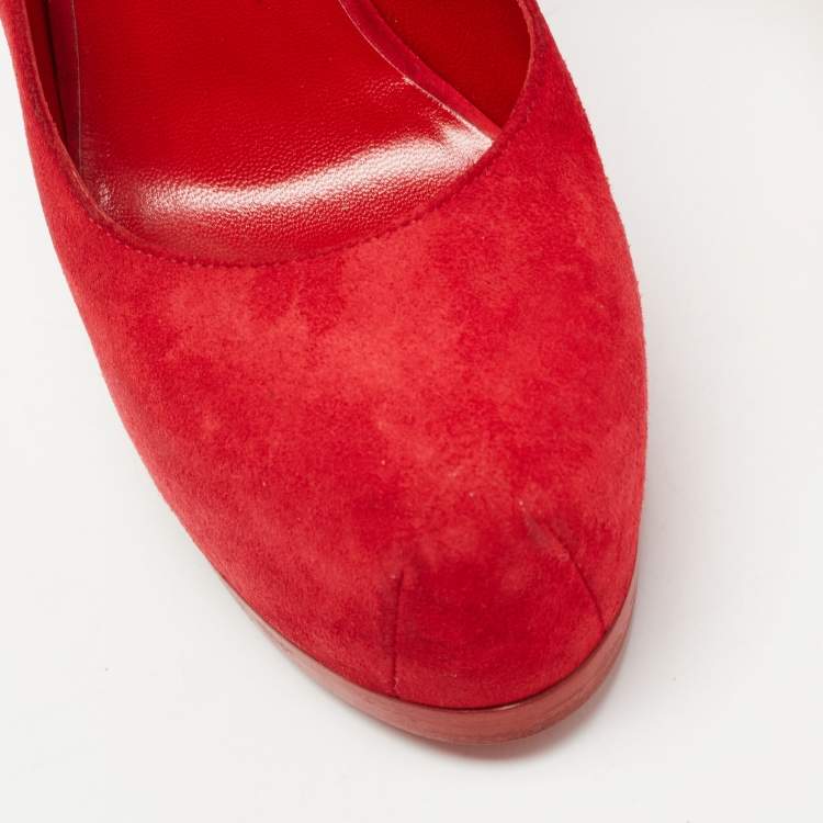 Pre Owned Saint Laurent Red Suede Tribtoo Pumps Size 38.5