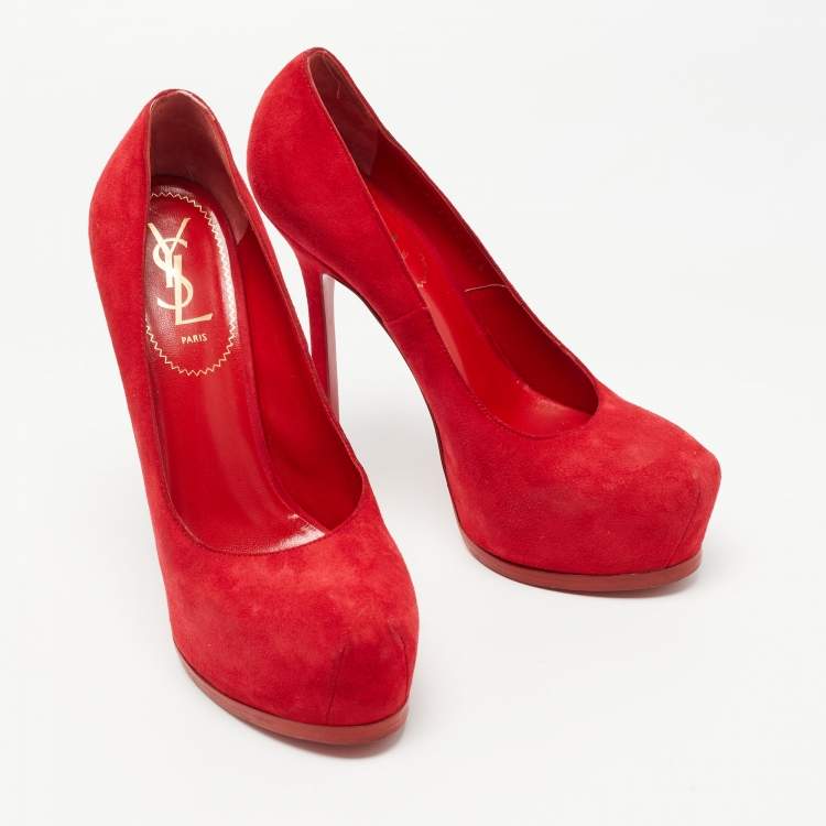 Pre Owned Saint Laurent Red Suede Tribtoo Pumps Size 38.5