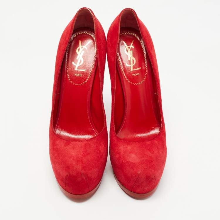 Pre Owned Saint Laurent Red Suede Tribtoo Pumps Size 38.5