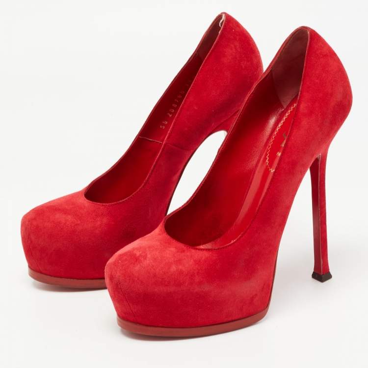 Pre Owned Saint Laurent Red Suede Tribtoo Pumps Size 38.5