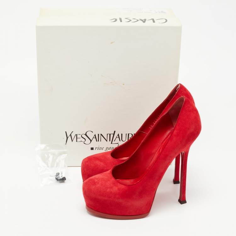 Pre Owned Saint Laurent Red Suede Tribtoo Pumps Size 38.5