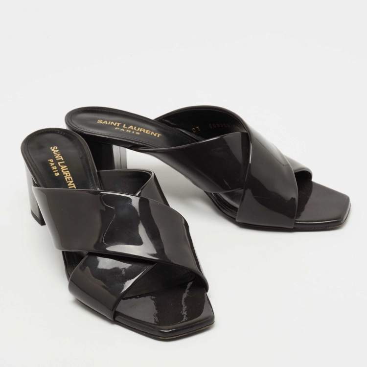 Pre Owned Saint Laurent Dark Grey Patent Leather Loulou Sandals Size 39
