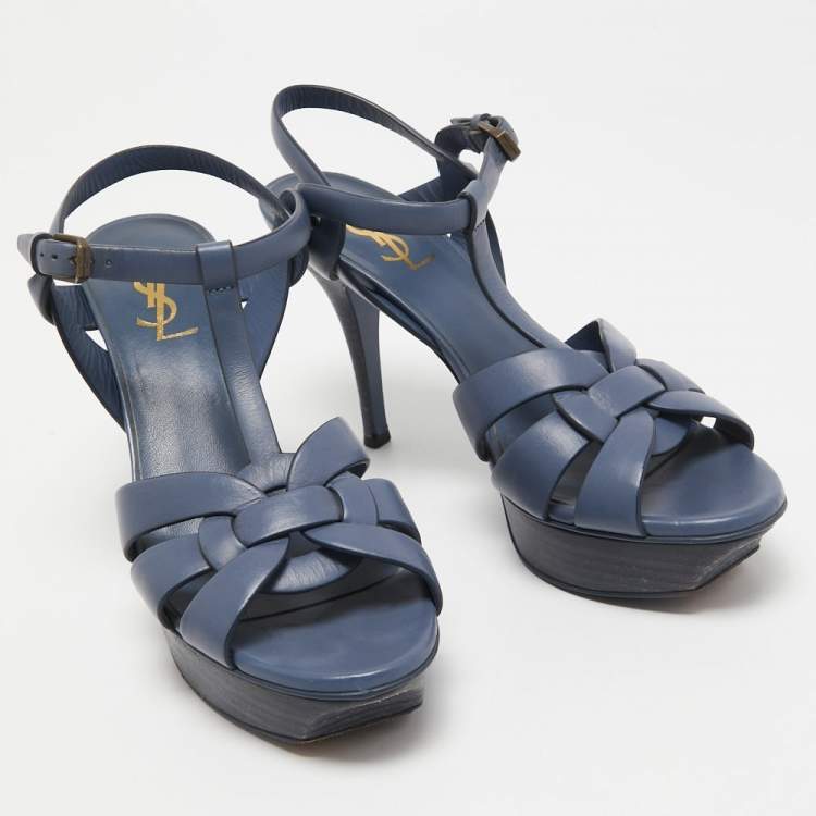 Pre Owned Saint Laurent Blue Leather Tribute Sandals Size 39