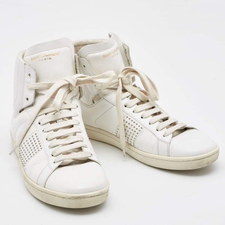 Pre Owned Saint Laurent White Leather Studded High Top Sneakers Size 37