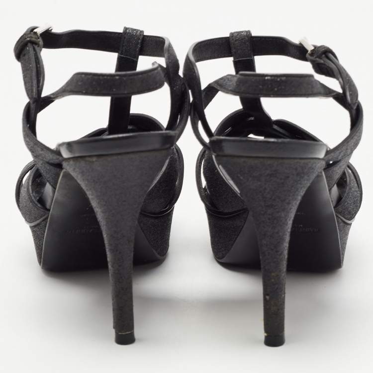 Pre Owned Saint Laurent Black Glitter Tribute Sandals Size 37