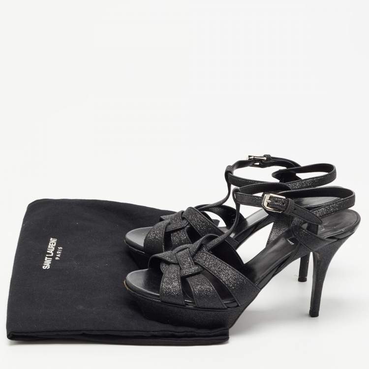 Pre Owned Saint Laurent Black Glitter Tribute Sandals Size 37