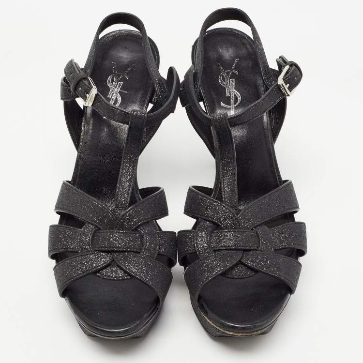 Pre Owned Saint Laurent Black Glitter Tribute Sandals Size 37