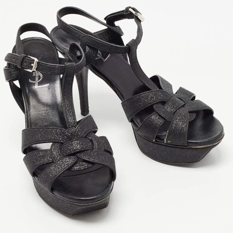 Pre Owned Saint Laurent Black Glitter Tribute Sandals Size 37