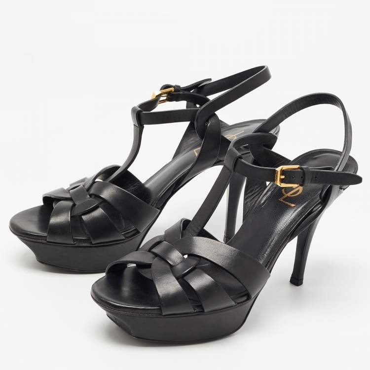 Pre Owned Saint Laurent Black Leather Tribute Sandals Size 38