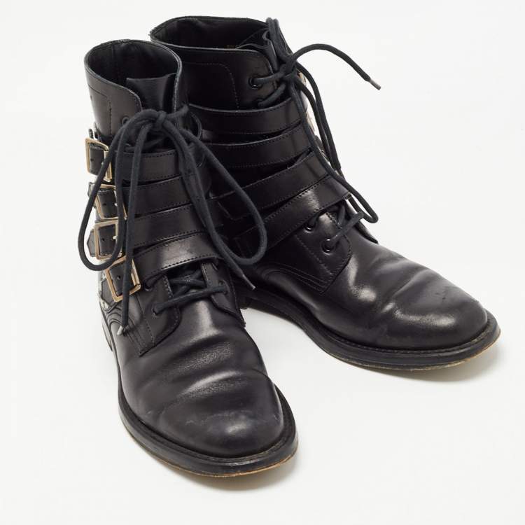 Pre Owned Saint Laurent Black Leather Studded Rangers Boots Size 40.5