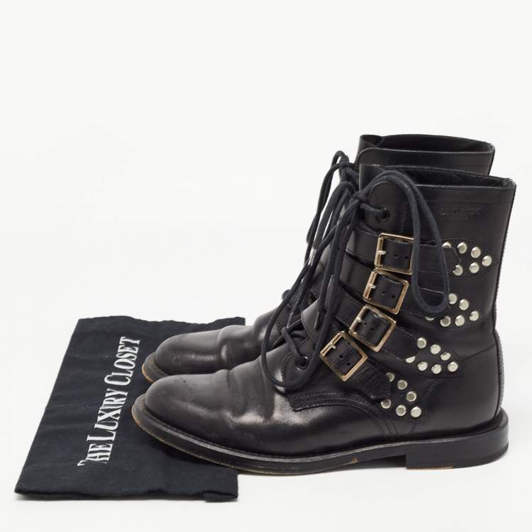 Pre Owned Saint Laurent Black Leather Studded Rangers Boots Size 40.5
