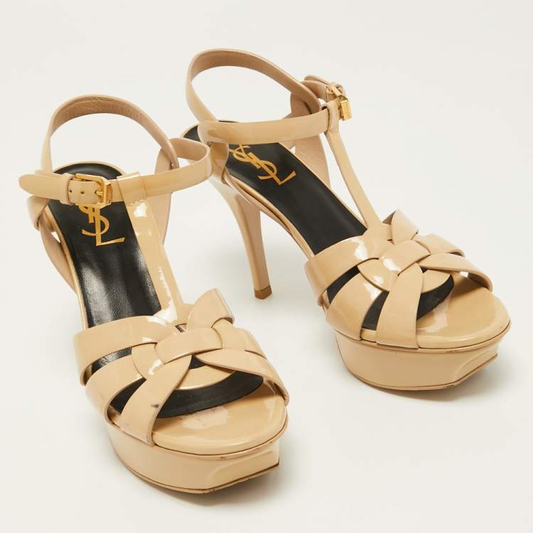 Pre Owned Saint Laurent Beige Patent Leather Tribute Sandals Size 36.5