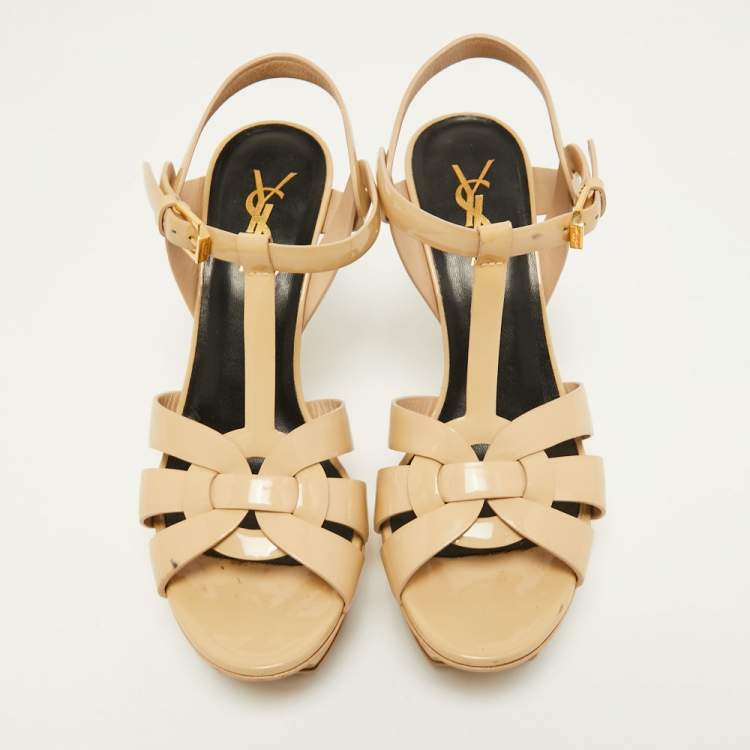 Pre Owned Saint Laurent Beige Patent Leather Tribute Sandals Size 36.5