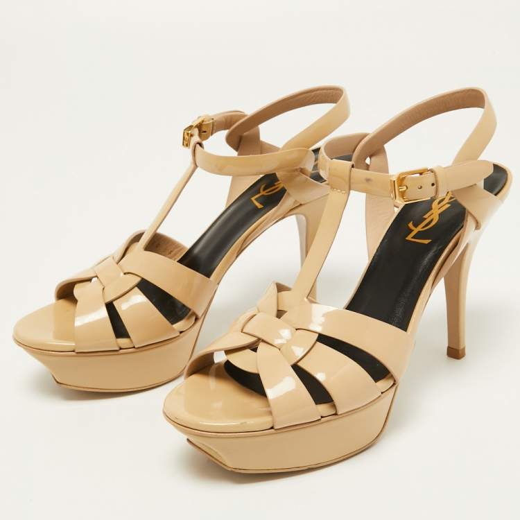 Pre Owned Saint Laurent Beige Patent Leather Tribute Sandals Size 36.5