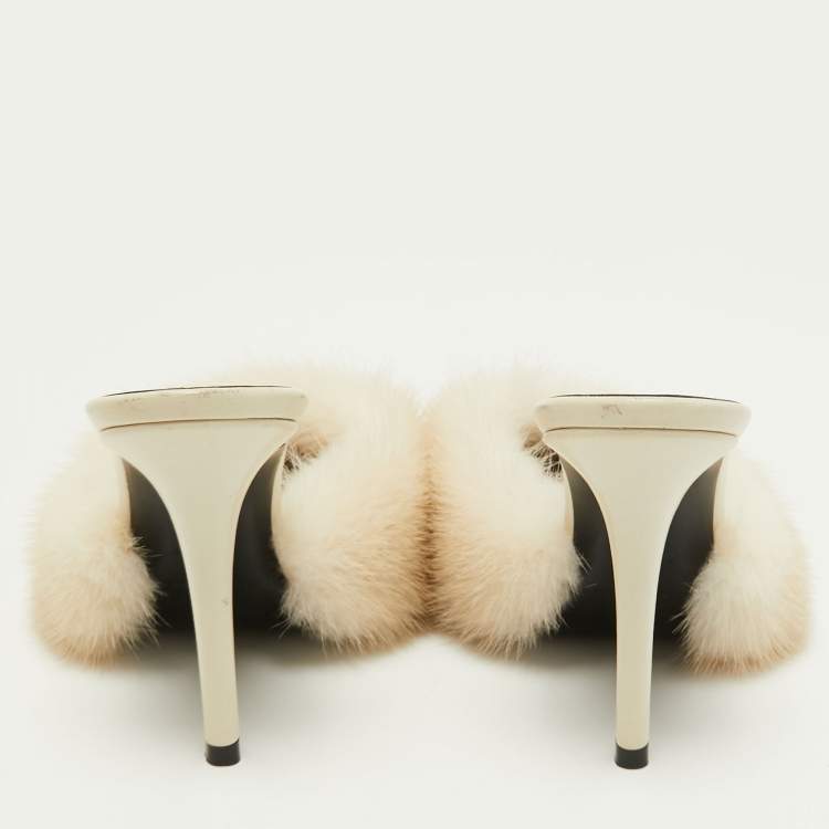 Pre Owned Saint Laurent Off White Mink Fur Roy Slide Sandals Size 36.5