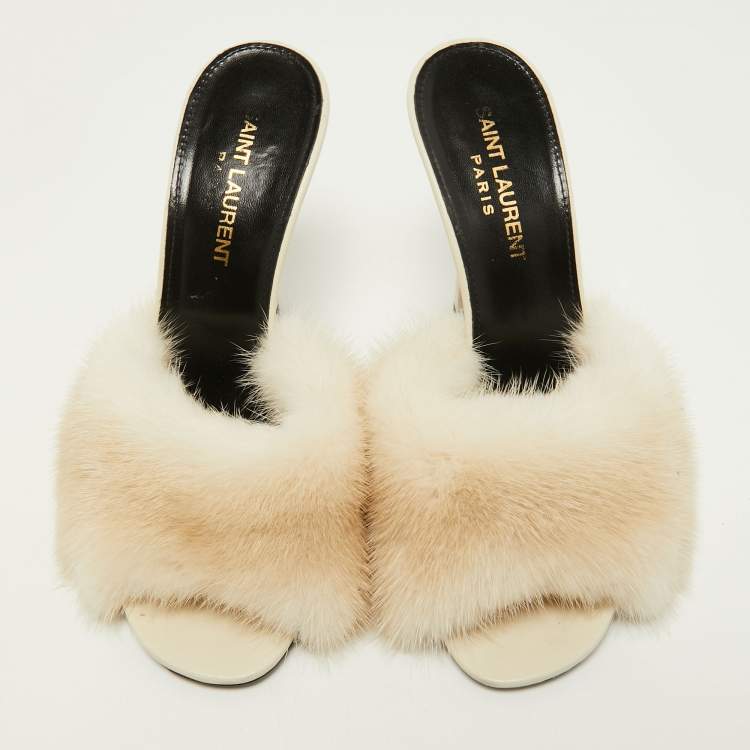 Pre Owned Saint Laurent Off White Mink Fur Roy Slide Sandals Size 36.5